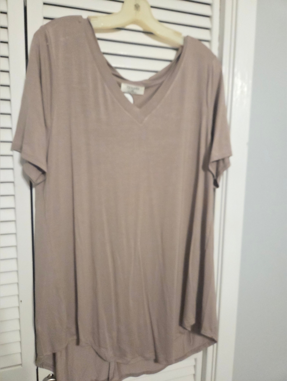 Zenana V-Neck Short Sleeve Tunic Top in Taupe